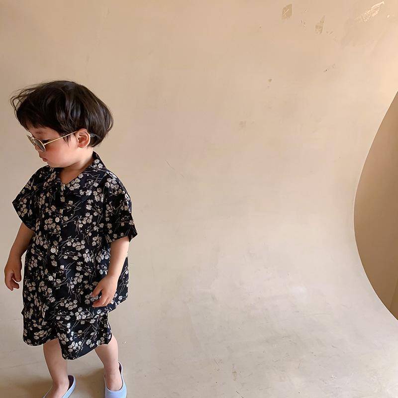 Bộ Áo Sơ Mi Cotton Ngắn Tay + Quần Short Ống Rộng In Hoa Phong Cách Hàn Quốc Thời Trang Mùa Hè Cho Bé Trai