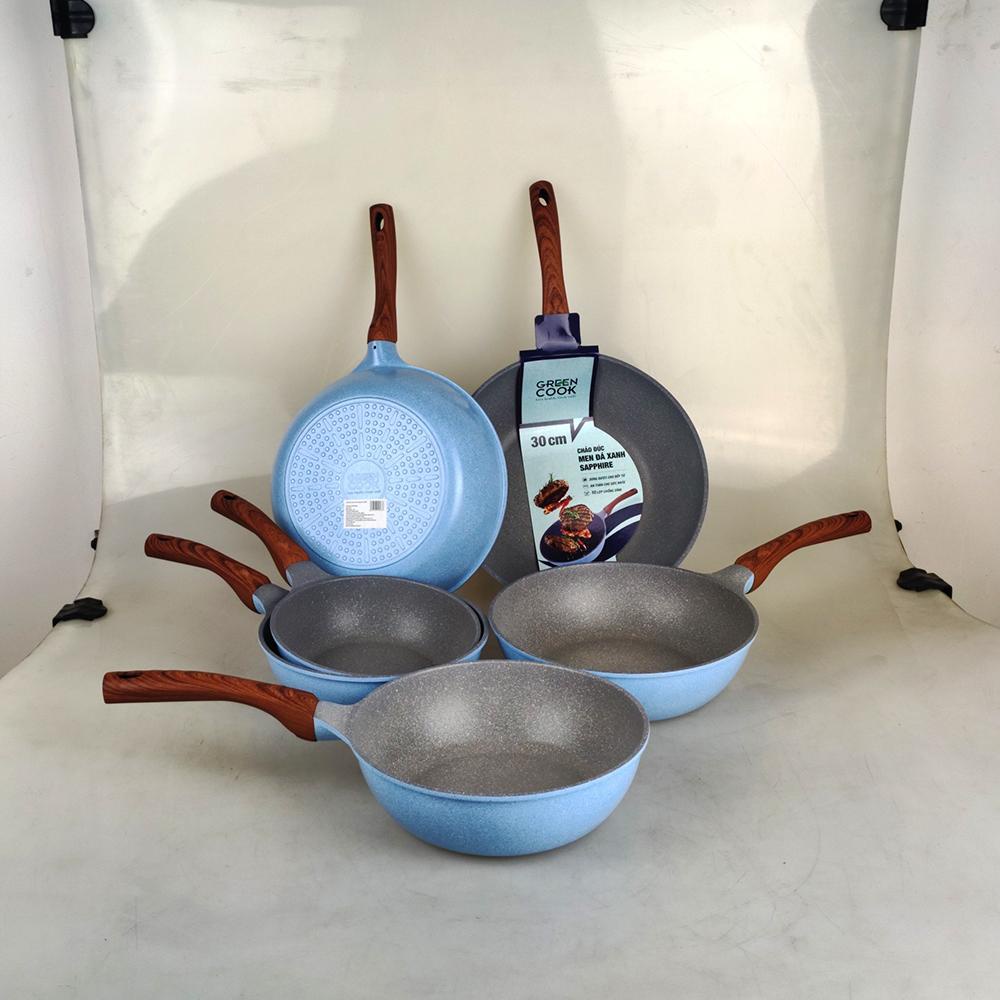 [Chính hãng] Chảo men đá xanh Sapphire 10 lớp chống dính Greencook GCP09 dùng được bếp ga, bếp hồng ngoại, bếp từ