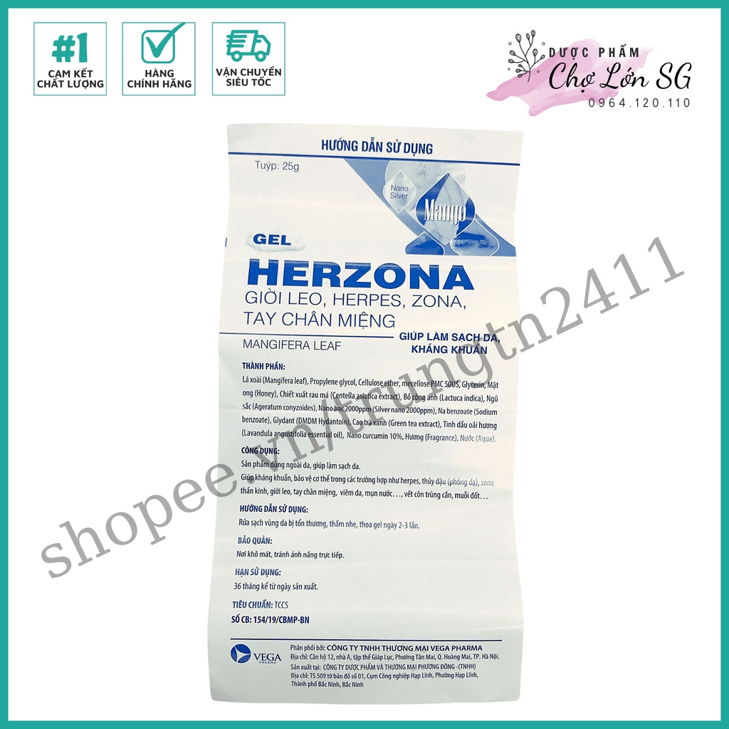 Gel HERZONA tuýp 25g - giúp làm sạch da, kháng khuẩn trong các bệnh giời leo, herpes, zona, tay chân miệng