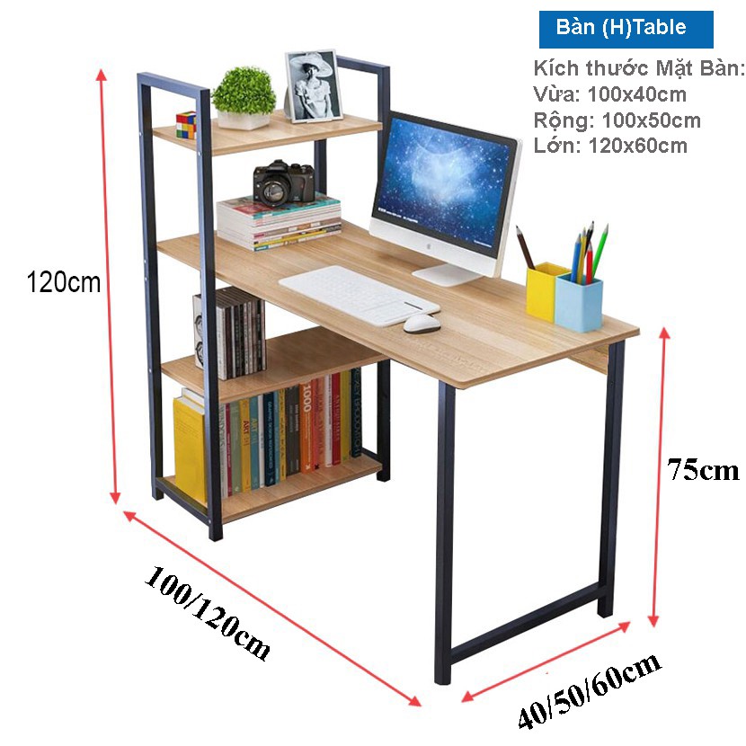 Bàn làm việc liền giá sách dùng để học tập, làm việc, để máy tính, chân sắt sơn tĩnh điện chắc chắn