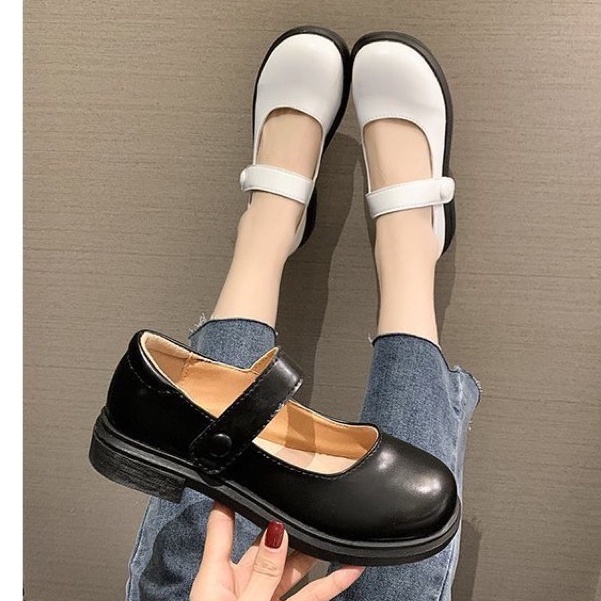 GIÀY NỮ ULZZANG mary jane khuy tròn 2 màu đen trắng hàng da đẹp loại 1