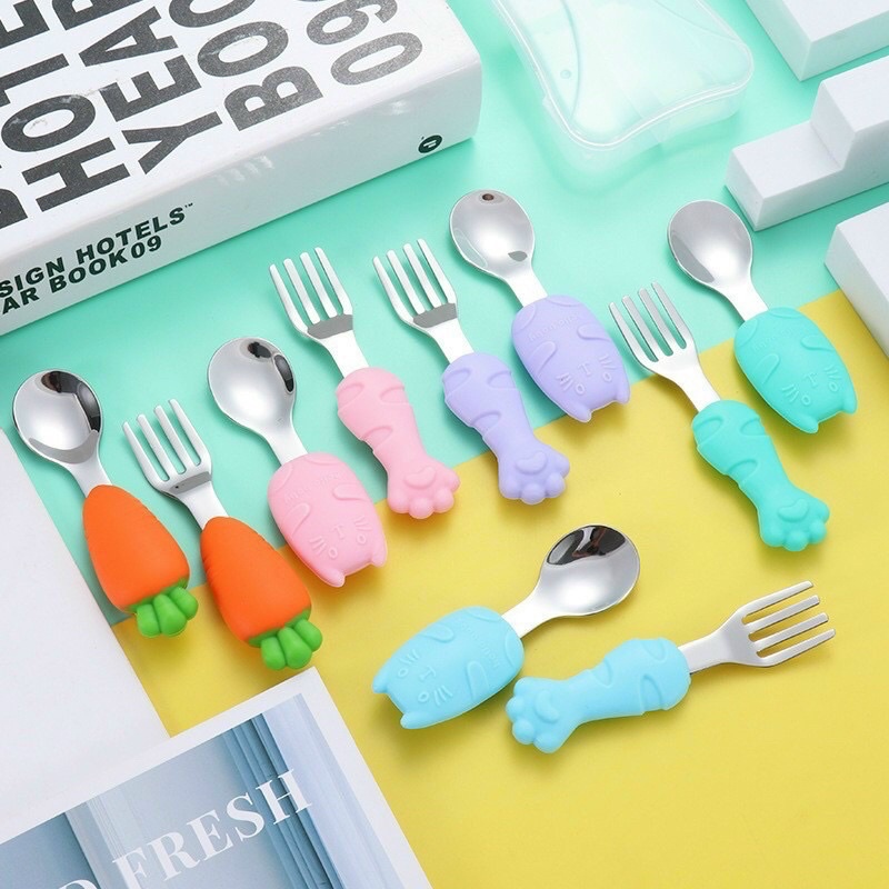 Set thìa nĩa hình cà rốt, chân mèo cho bé ăn dặm [hình thật]- Nhà bum lienlebc