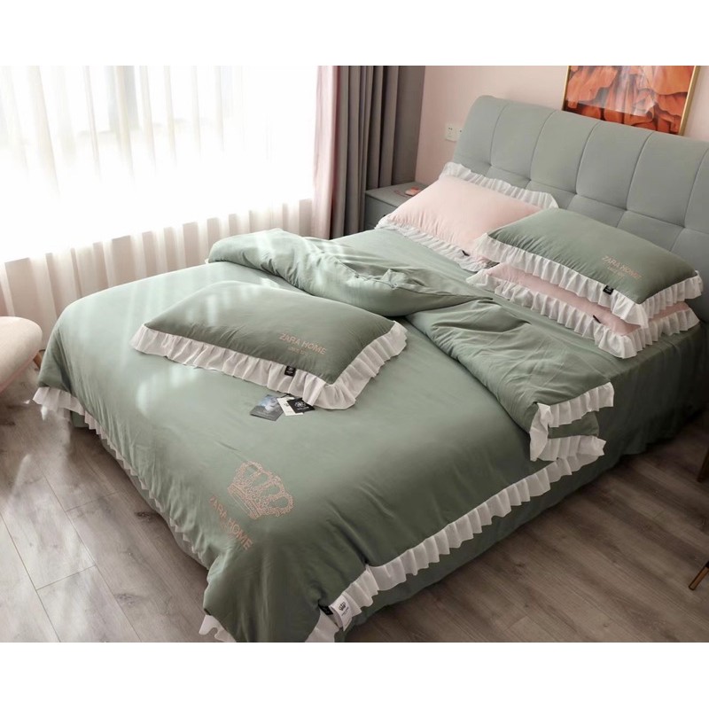 Bộ Chăn Ga Gối 4 chi tiết cotton đũi hoạt tính ĐƠN SẮC phối Viền Vèo ZARA HOME cách điệu -&gt;Mẫu Mới Nhất