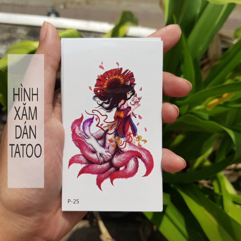 Hình xăm cửu vĩ hồ p25. Xăm dán tatoo mini tạm thời, size &lt;10x6cm