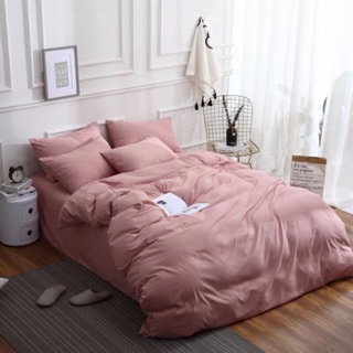 Bộ drap & chăn phao cotton poly màu hồng