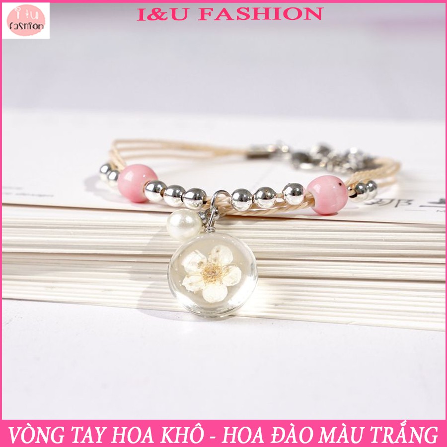Vòng tay hoa ép - Vòng tay cổ trang xinh xắn hoa đào màu trắng cho nữ VT-09