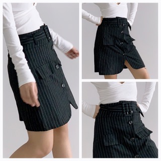 Thanh lý pass chân váy midi kẻ sọc kaki nút kèm belt cá tính