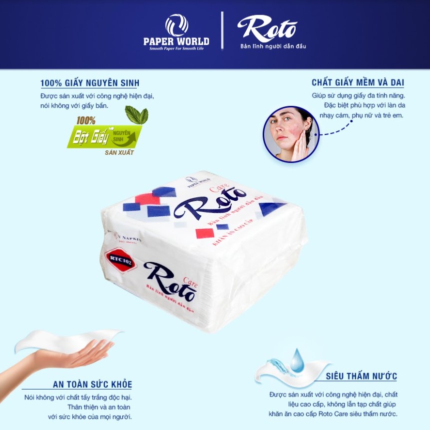 Khăn giấy ăn napkin ROTO CARE-RTC102, 100% bột giấy nguyên sinh, dùng trong bữa ăn, lau miệng, lau tay 102 tờ/gói