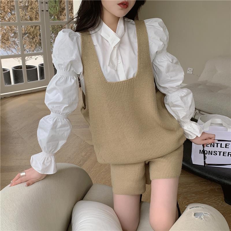 22aw!F &amp; X Bộ Áo Sơ Mi Tay Phồng Phong Cách Phương Tây + Áo Sweater Dệt Kim Không Tay Dễ Phối Đồ Thời Trang Mùa Thu Cho Nữ