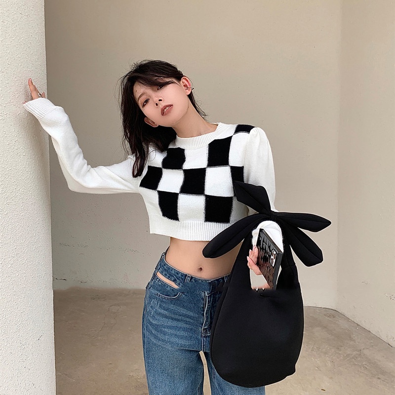 SUXI Áo sweater dệt kim tay dài lưng cao kẻ caro phong cách Hàn Quốc cá tính cho nữ