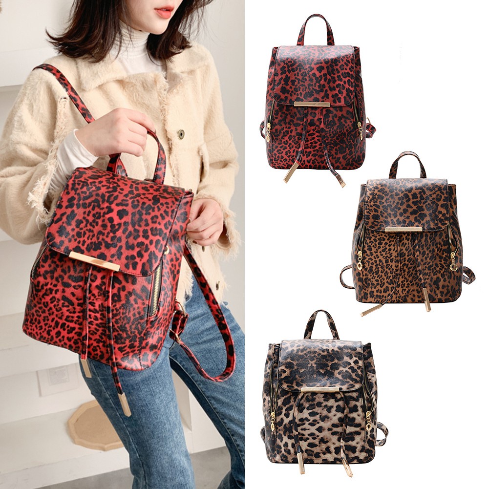 Fiesta_Fashion Leopard Women Backpack Retro PU Leather Travel Shoulder Schoolbags ☆