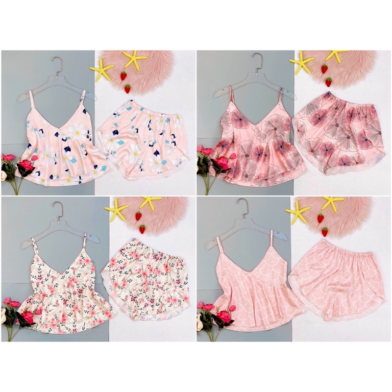🎀 Vải xịn 🎀   Bộ đồ ngủ sleepwear 2 dây croptop vạt chéo dễ thương cao cấp mịn màng