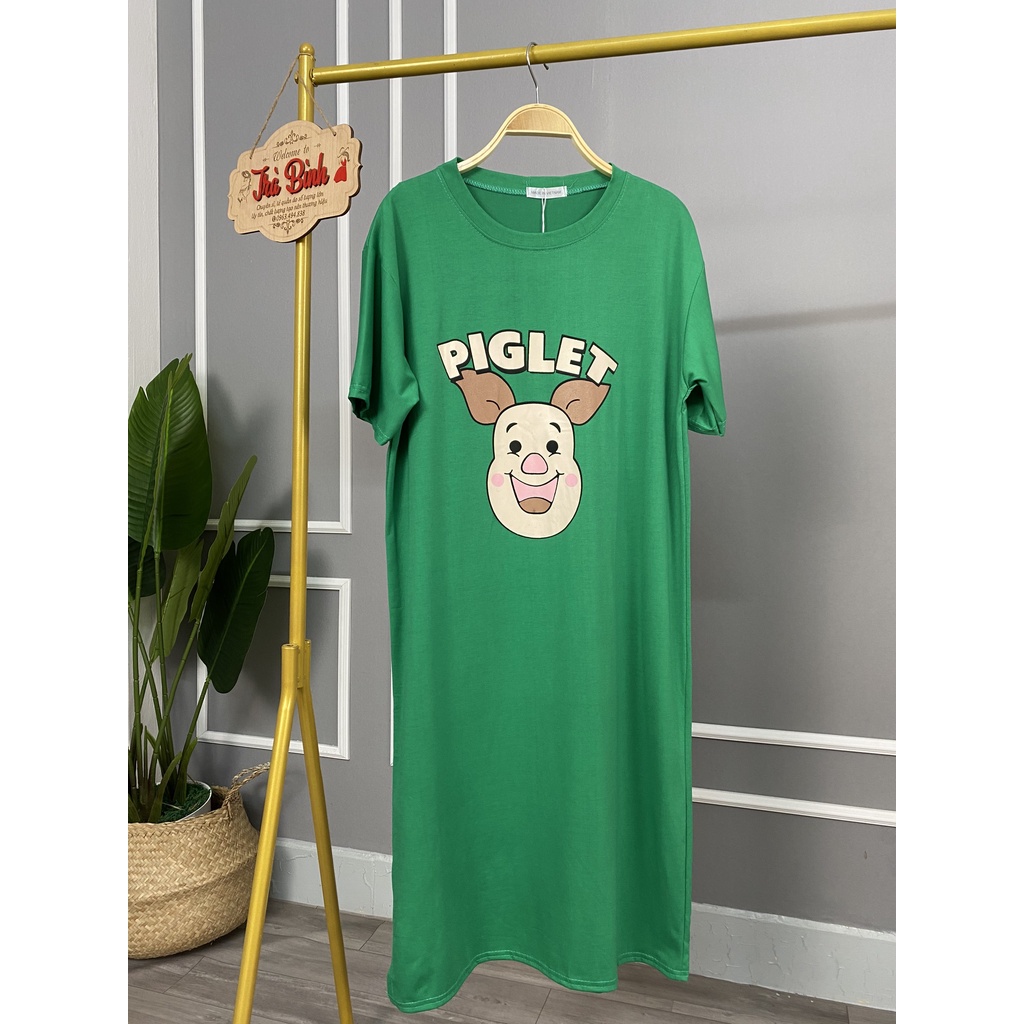 Đầm bầu suông PIGLET chất cotton thoáng mát váy suông dáng dài 3 màu đáng yêu