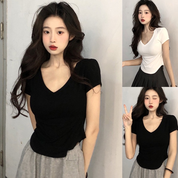 Áo thun tay ngắn cổ chữ V màu trơn thời trang cho nữ