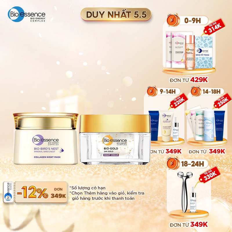 Combo dưỡng da tươi trẻ ngăn ngừa lão hóa Bio-Essence(Kem dưỡng ban đêm Bio-Gold 40g+Mặt nạ ngủ Bio-Bird's Nest 50g)