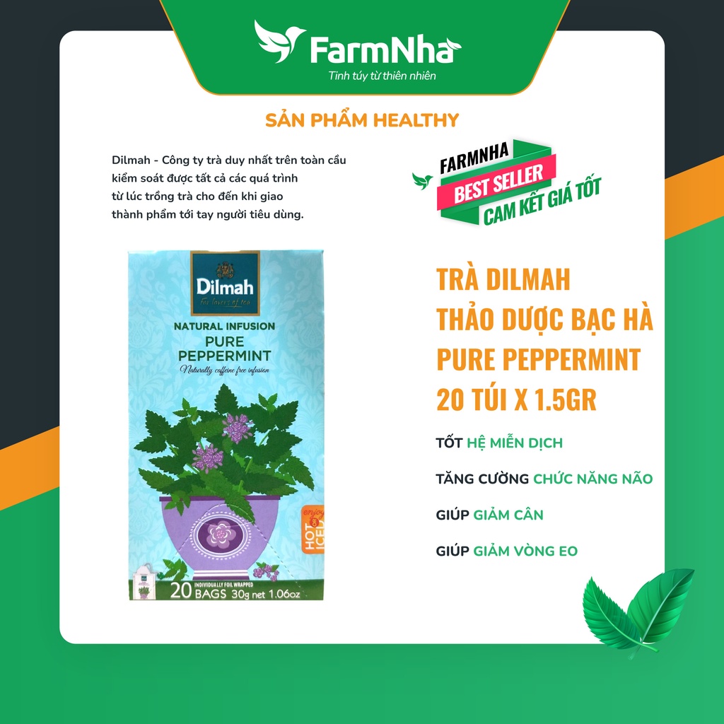 Trà Dilmah Pure Peppermint (Thảo Dược Bạc Hà) túi lọc 20 túi x 1.5gr 30g - Tinh hoa trà Sri Lanka