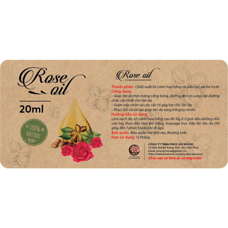 Dầu dưỡng hoa hồng Phúc An House (Rose Oil) dưỡng ẩm, ngăn ngừa lão hoá, tái tạo da - 20ml | BigBuy360 - bigbuy360.vn