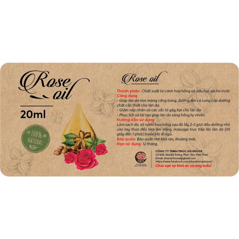 Dầu dưỡng hoa hồng Phúc An House (Rose Oil) dưỡng ẩm, ngăn ngừa lão hoá, tái tạo da - 20ml | WebRaoVat - webraovat.net.vn