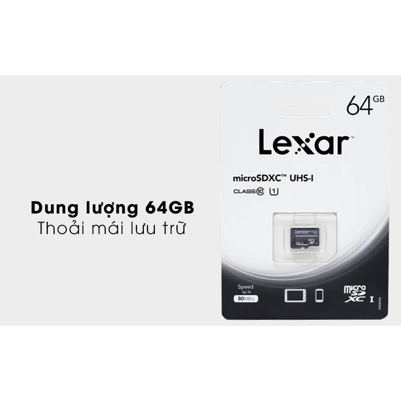 Thẻ nhớ 64GB Lexar MicroSD class 10 UHS-I - 80MB/s tốc độ- Hàng chính hãng Mai Hoàng- bảo hành 5 năm