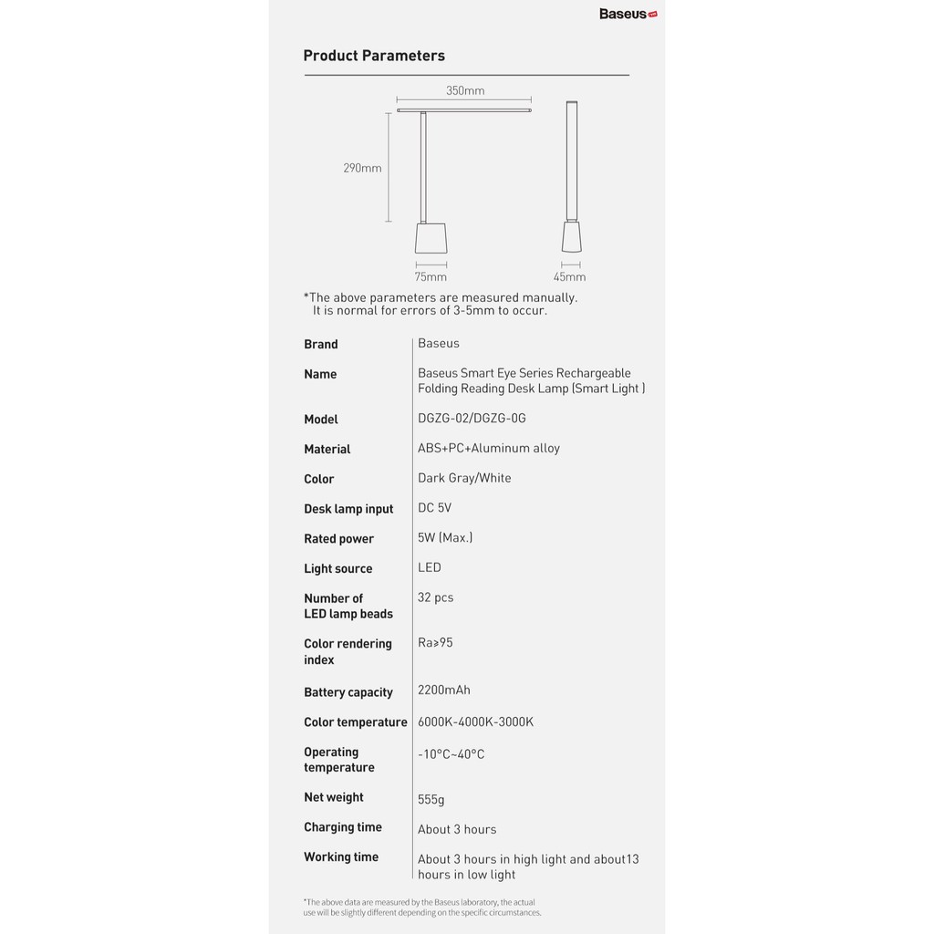 Đèn Led Baseus DGZG 02 Để Bàn Độ Sáng Tự Động Thông Minh Có Thể Sạc Lại Cho Đầu Giường Phòng Ngủ/ Văn