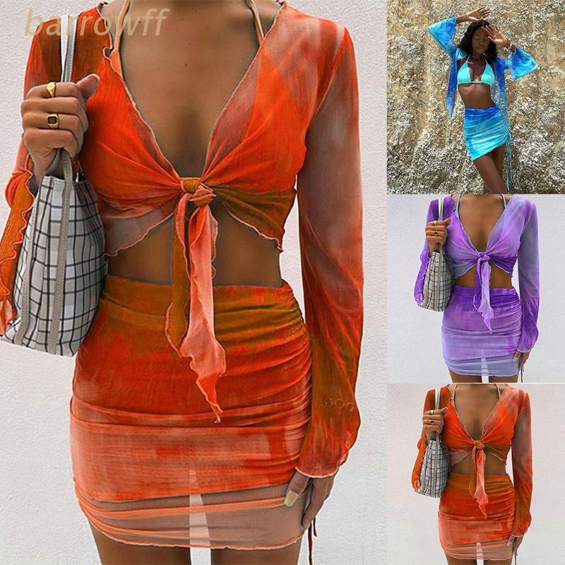 Set Đồ Bơi 2 Món Gồm Áo Lưới Tay Dài Thắt Nơ Và Chân Váy Ôm Dáng Có Dây Rút Quyến Rũ Cho Nữ