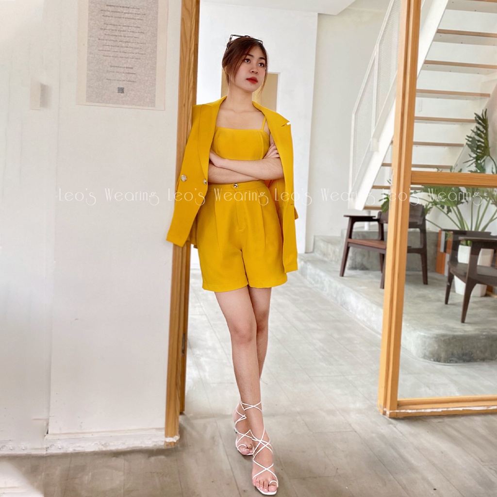 Set 3 món quần short đùi lưng cao mix áo 2 dây croptop áo khoác vest blazer LEOSWEARING năng động cô