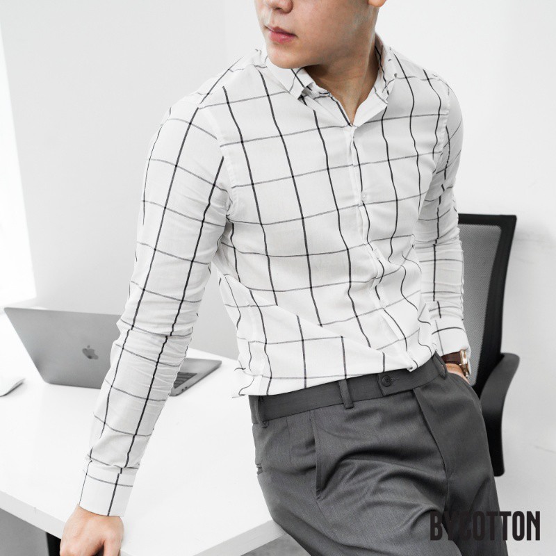 Áo Sơ Mi Dài Tay Phối Sọc BYCOTTON White Caro Oxford Shirt