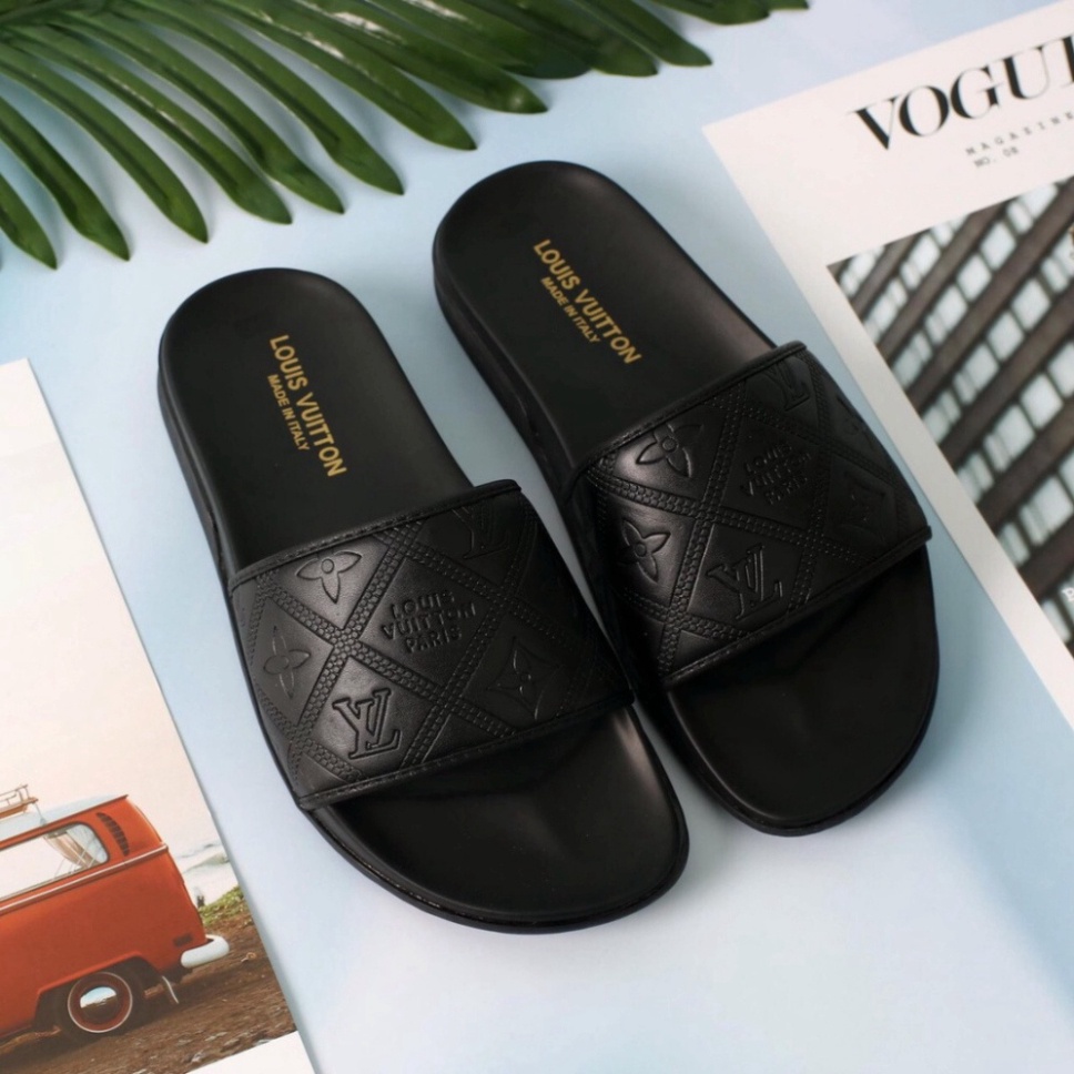 Dép lê nam quai ngang L V in chất liệu da cao cấp , NINSHOP