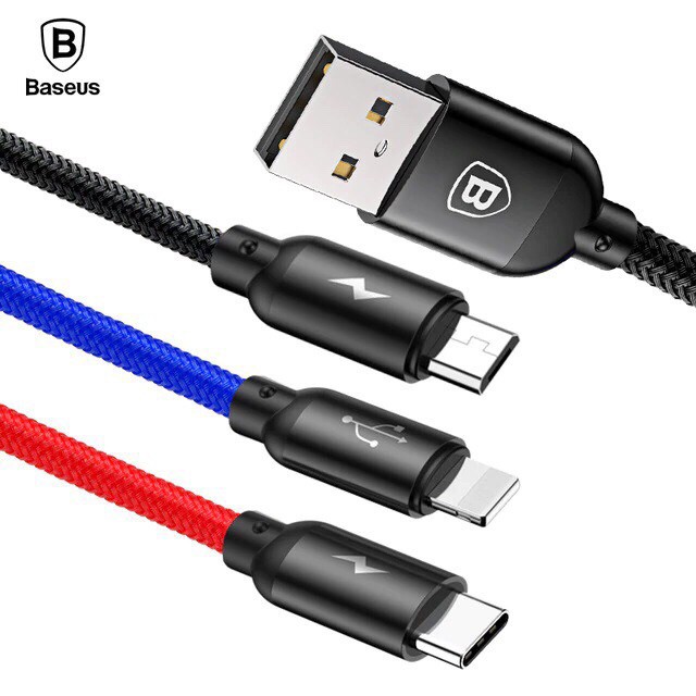 Cáp sạc 3 đầu Baseus Three Primary Colors CAMLT-ASY01 dài 30cm/120cm cổng LN/MicroUSB/TypeC bọc dù