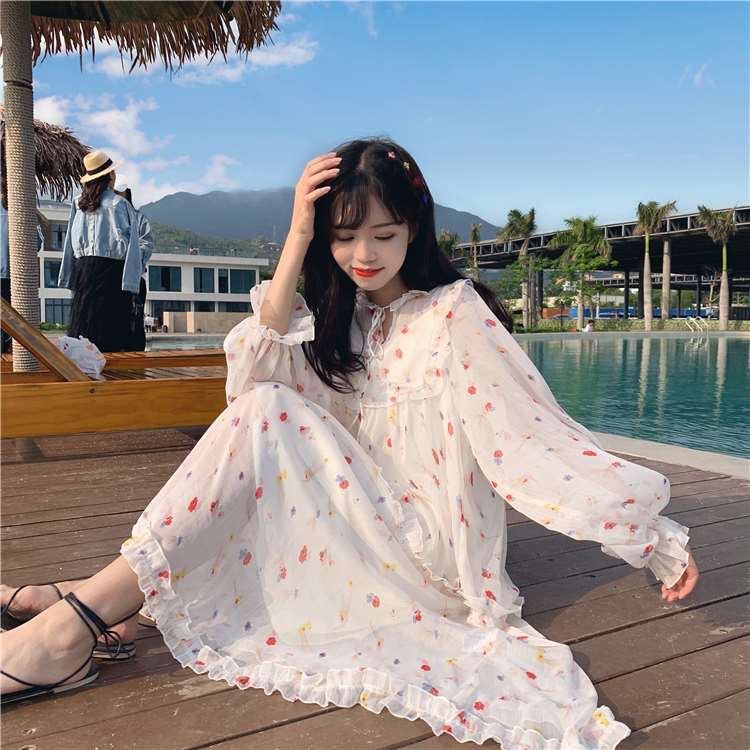 [VD009] Đầm maxi hoa đỏ dài tay (có video)