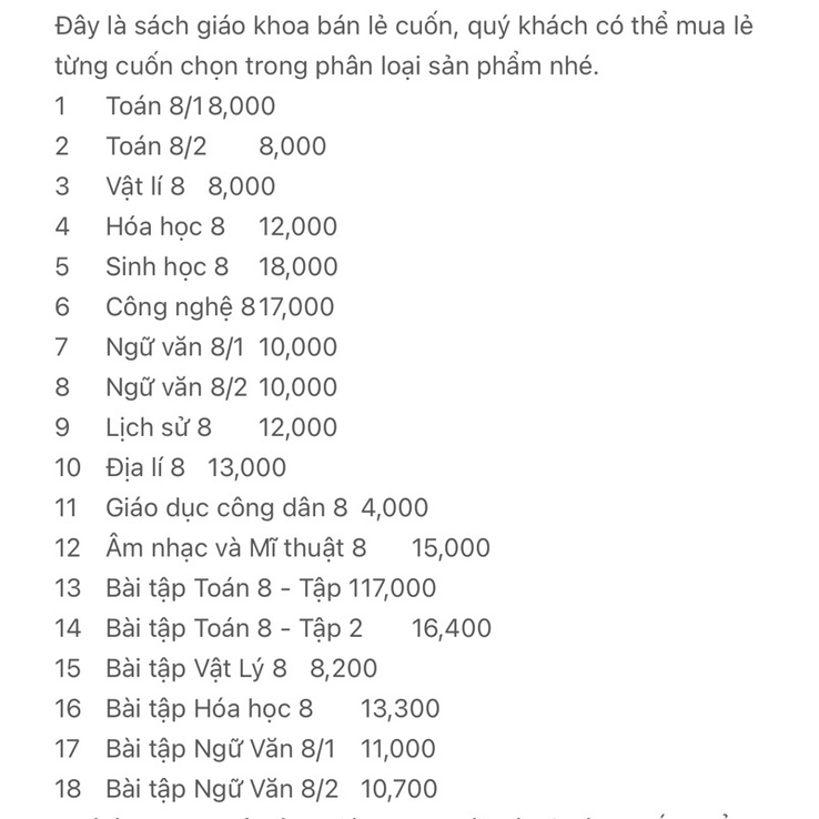 Sách giáo khoa lớp 8 lẻ cuốn tự chọn