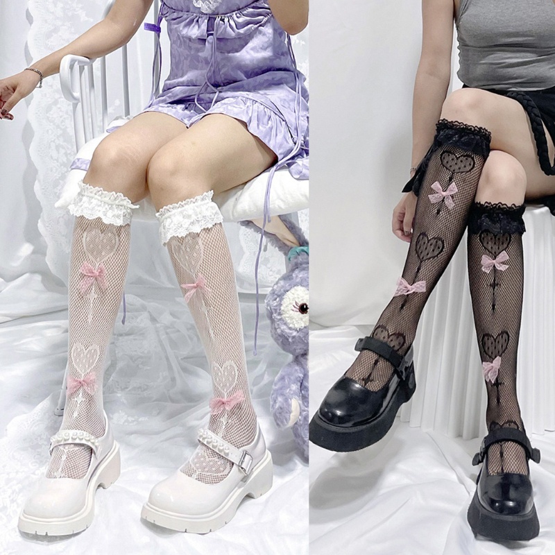 Youyo Vớ Lưới Dài Tới Đầu Gối Phối Ren Rỗng Họa Tiết Kẹo Mút Trái Tim Ngọt Ngào Phong Cách Gothic Punk Dễ Thương Dành