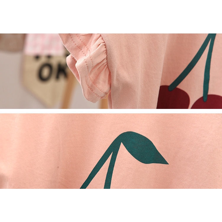 Áo Thun Tay Ngắn Mùa Hè Có Diềm Xếp Nếp In Hình Quả Cherry Dễ Thương Cho Bé Gái 1-6 Tuổi