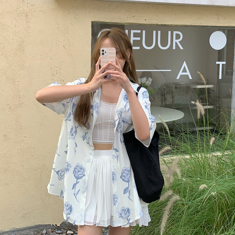 SUXI Áo sơ mi tay ngắn dáng rộng in hoa kiểu retro Hàn Quốc thời trang mùa hè cho nữ