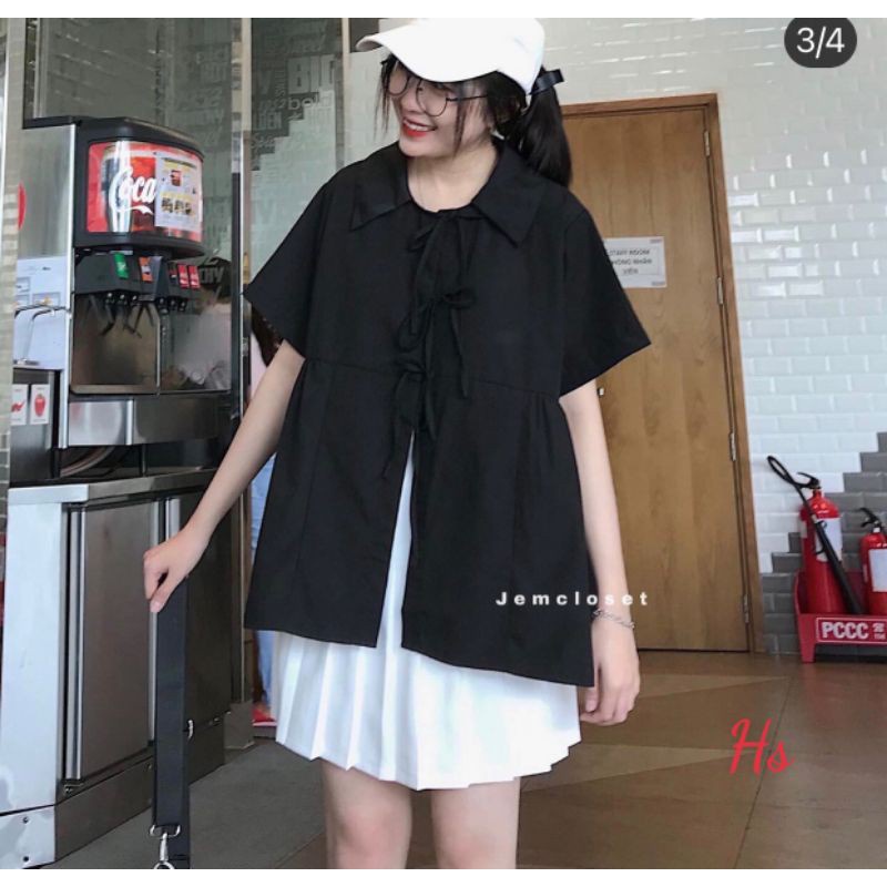 SUA008 Áo sơ mi buộc dây babydoll cute trắng đen cộc tay Áo cổ sen thắt nơ dáng rộng dễ thương đi học đi chơi hè thu đẹp
