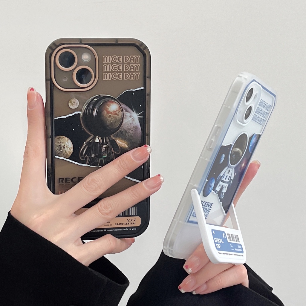 Ốp Điện Thoại Tpu Dẻo Họa Tiết Hoạt Hình Phi Hành Gia Kèm Giá Đỡ Tàng Hình Cho iphone 13 12 11 pro xs max xr 7 / 8 plus
