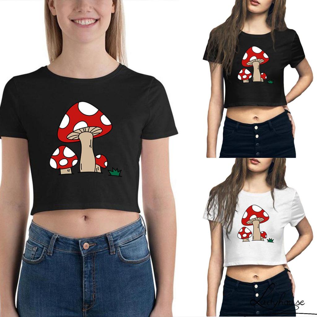 LD-Women Black Shirt, Round Neck Short Sleeves Mushroom Print Wrapped Casual Tops Elastic Sweater