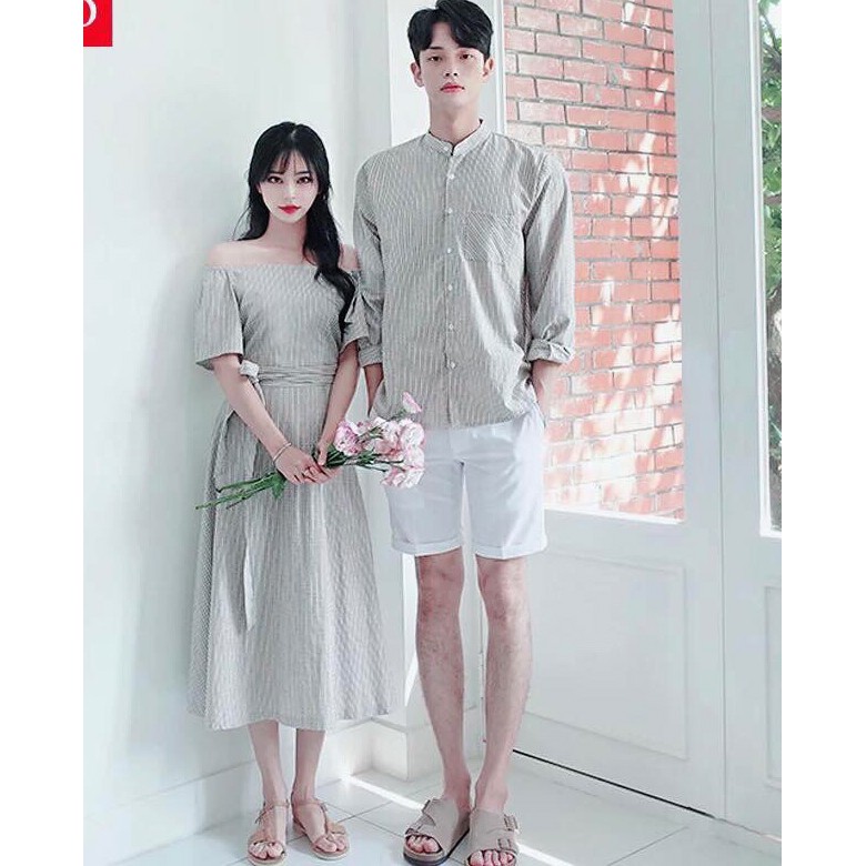 Áo Váy đôi sơ mi nam nữ 🌼FREESHIP🌼 kẻ sọc thắt eo thời trang , chụp ảnh đi biển