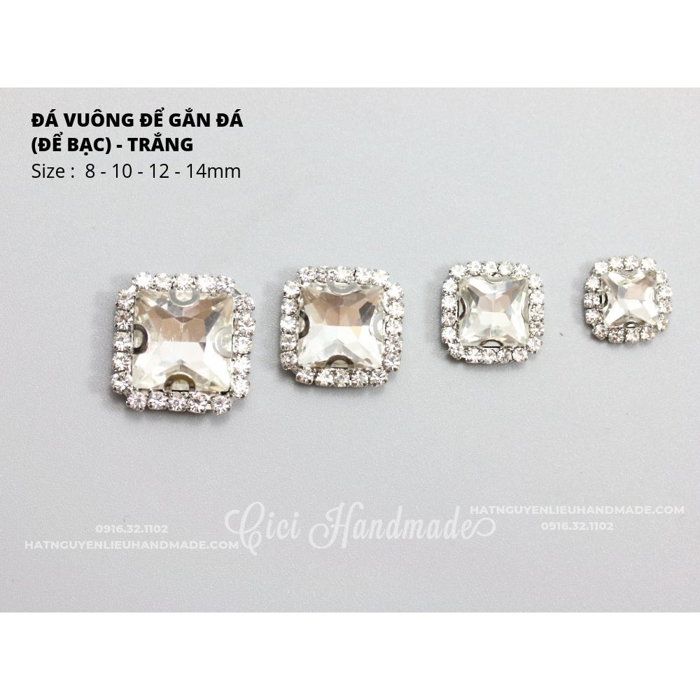 Hạt đá vuông đế vàng/đế bạc viền đá trắng size 12mm Cici Handmade hạt cườm hạt đá trang trí nguyên liệu tự làm
