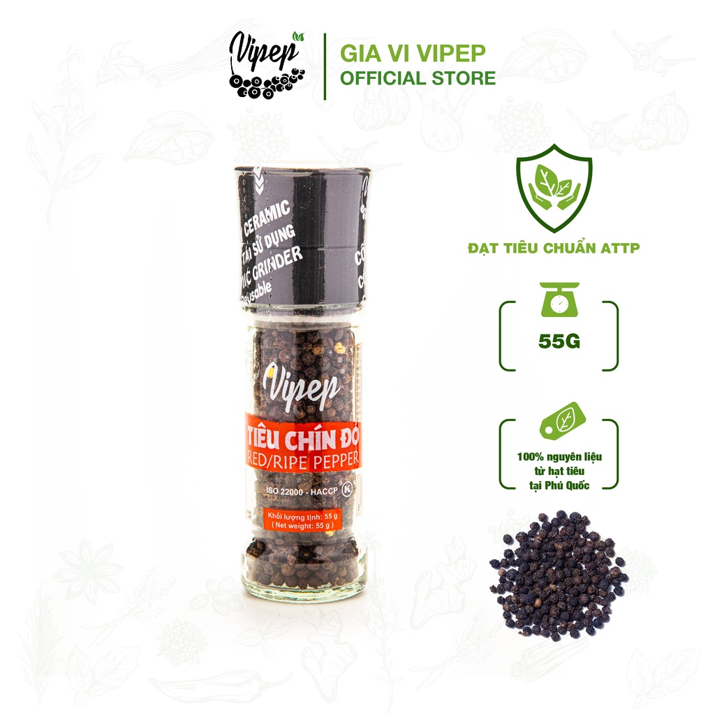 Tiêu chín đỏ Vipep 55g nắp cối xay tiện lợi, nổi tiếng độ cay thơm đặc biệt, hũ thuỷ tinh đẹp mắt