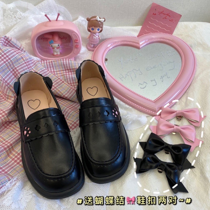Giày Loafer vintage gấu xinh phối nơ có thể tháo rời vintage lolita ulzzang Nhật Bản [Yannie]