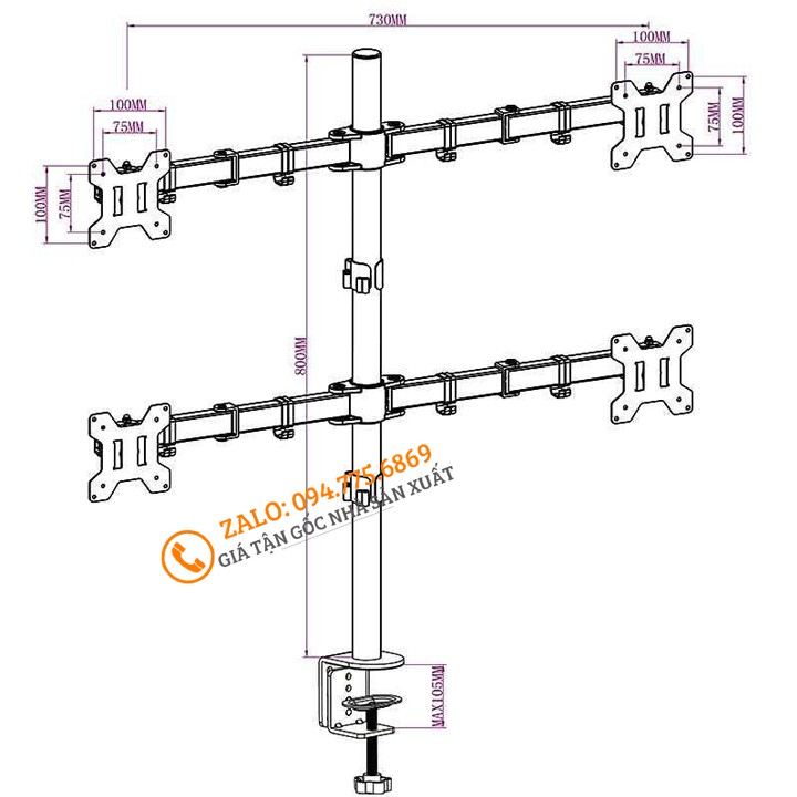 Giá Treo 4 Màn Hình Máy Tính 17 - 27 Inch - Model: M054 - Tay Đỡ Bốn Màn Hình Xoay 360 Độ - Tải Trọng 8Kg 1Tay