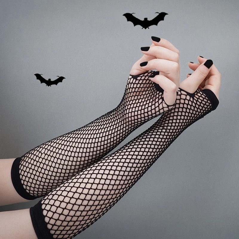 Găng tay lưới dài hở ngón màu neon phong cách gothic punk dành cho nữ