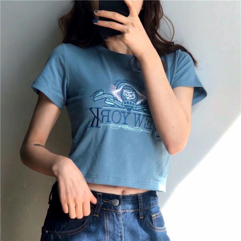 Áo Croptop Tay Ngắn Dáng Ôm Hoạ Tiết Thêu Chữ NEWYORK Phong Cách Mùa Hè