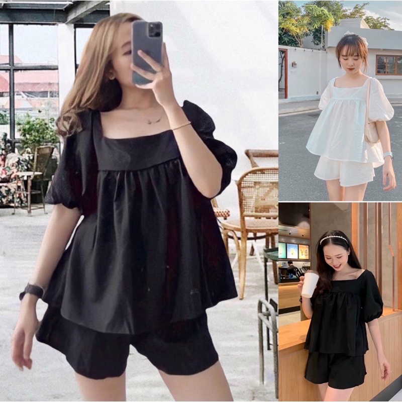 Set Tiểu Thư Trắng 🦋 Áo Babydoll buộc nơ sau mix quần short/ đùi🦋