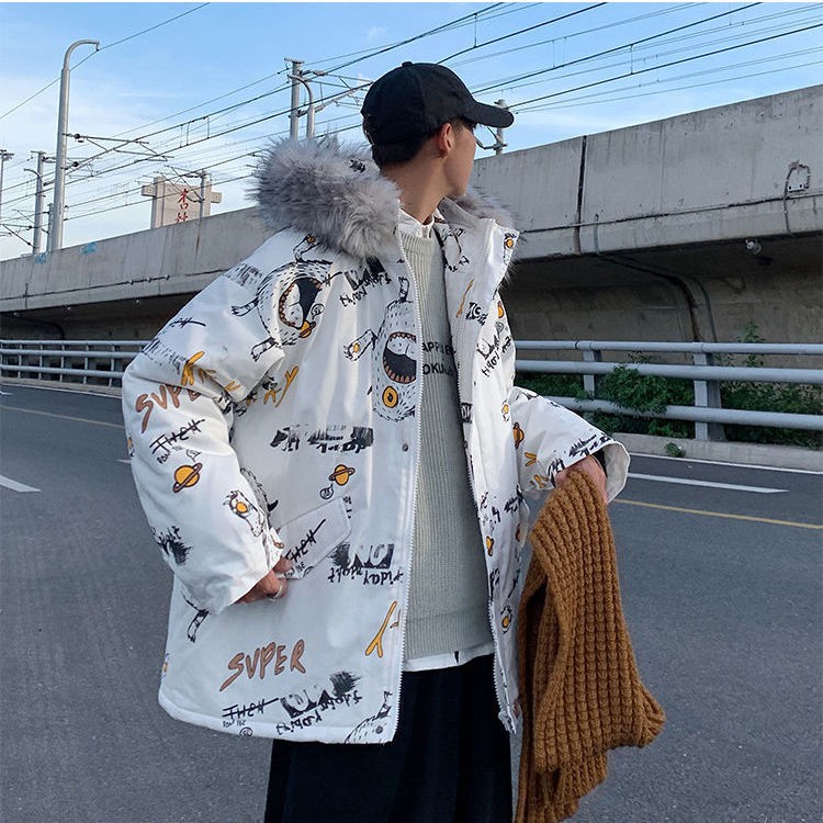 Áo khoác cotton dáng rộng phối cổ lông cỡ lớn thời trang hip hop mùa đông 2020 cho nam nữ | BigBuy360 - bigbuy360.vn