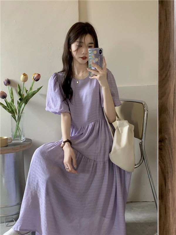 Đầm Dài Xếp Ly Tay Phồng Ngắn Lưng Cao Phong Cách Retro Hàn Quốc 52811