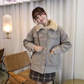Áo dạ ngắn cổ lông ( Có ảnh thật )