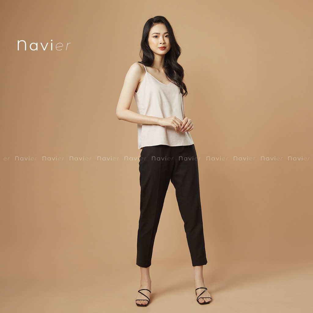 ÁO HAI DÂY NỮ CAMISOLE TOP RÚT HAI BÊN DÁNG RỘNG CỔ TIM MẶC VEST VẢI ĐŨI - LINEN A02 NAVIER | BigBuy360 - bigbuy360.vn