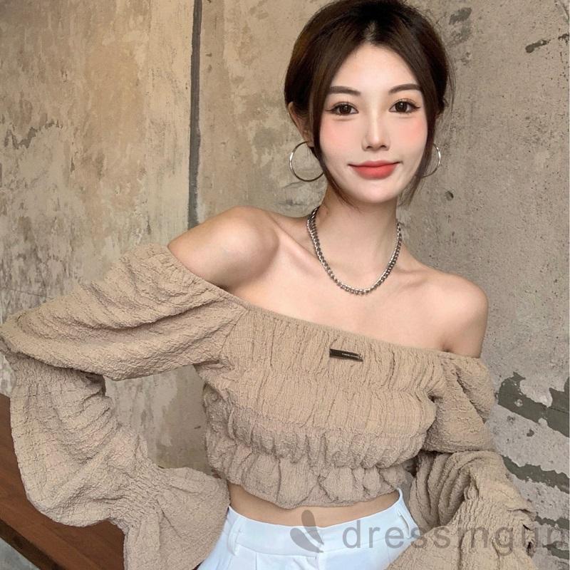 Áo thun trễ vai tay phồng dài màu trơn hở lưng thời trang cho nữ